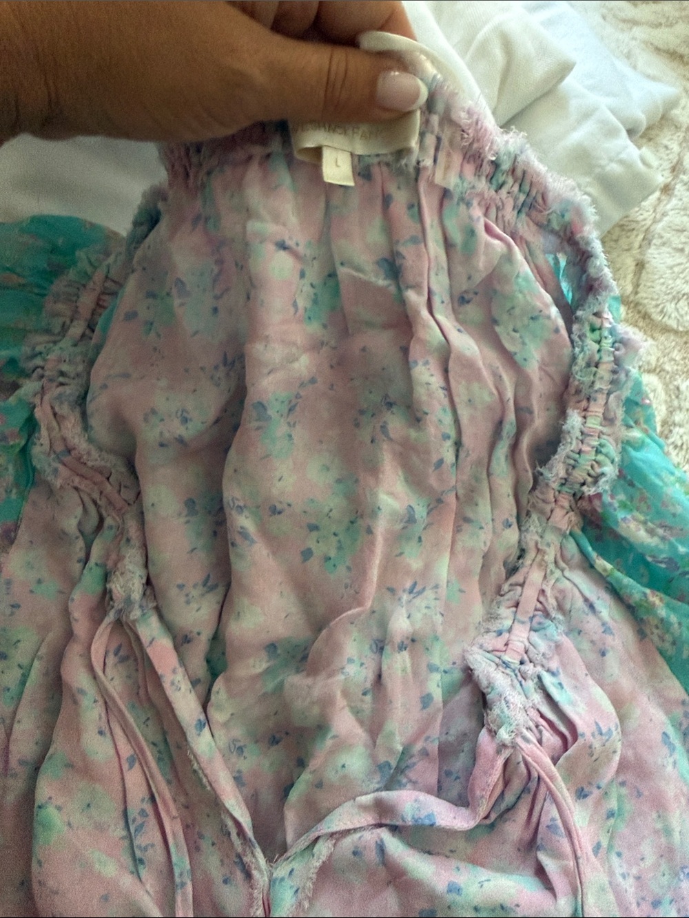 LOVE SHACK FANCY Pastel Floral Boho Peasant Dress - Pink, Teal & Lime - Picture 3 of 3
